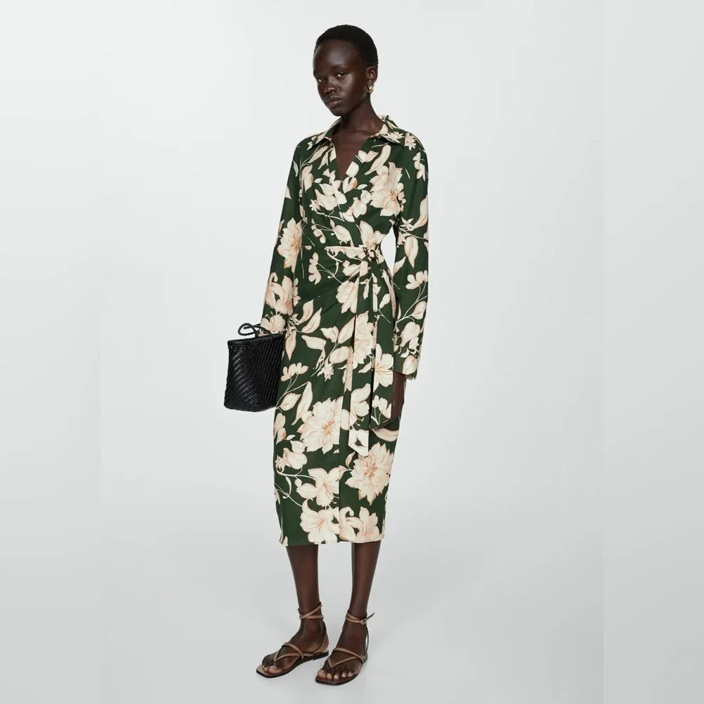 Mango Green linen shirt dress with bow NWT